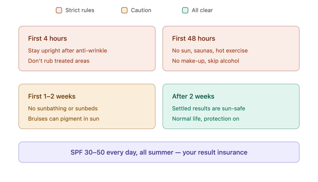 Injectable treatments are safe in summer, but UV genuinely degrades hyaluronic acid and collagen. Protect results by avoiding direct sun, heat and hard exercise for 24–48 hours after treatment, avoiding sunbathing for 1–2 weeks after filler, and wearing broad-spectrum SPF 30+ every day.
Every June the same question arrives in my inbox: "Can I still have my treatment done, or should I wait until after summer?" It's a sensible question — and search data suggests the whole country is asking it: one recent industry report noted that searches for "how long do dermal fillers last?" spiked by 5,000% in a single month as warm weather arrived. Here's my honest, evidence-based answer.